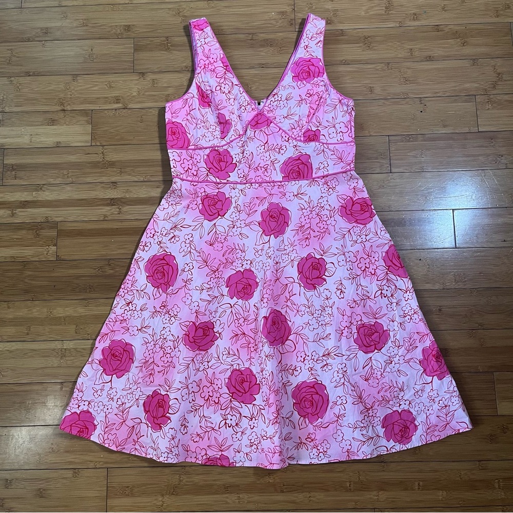 New York & Company Retro Inspired Pink Floral A-Line V-Neck Cottagecore Dress